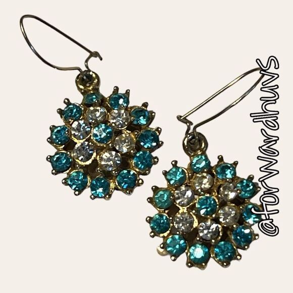 Vintage Gold Tone Blue and Clear Rhinestone Earrings - Picture 1 of 10